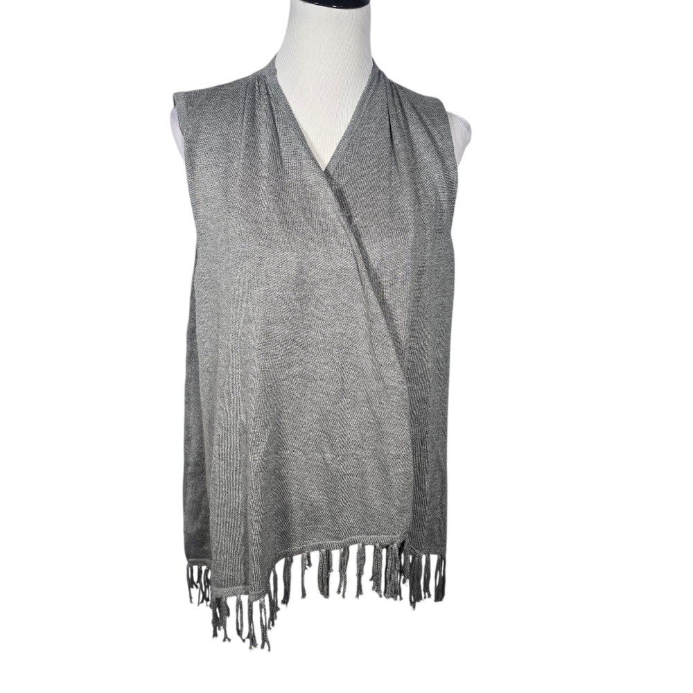 Joseph A Large Gray Knit Fringe Open Front Vest
